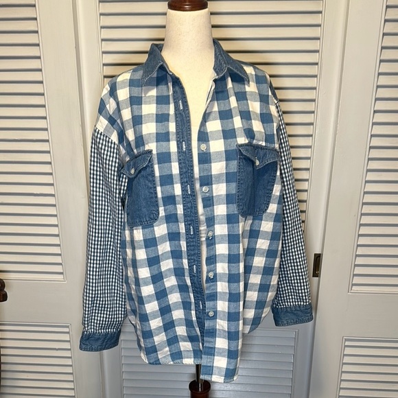 Vintage Western Blue Checkered Denim  Shirt size Large - Picture 1 of 4